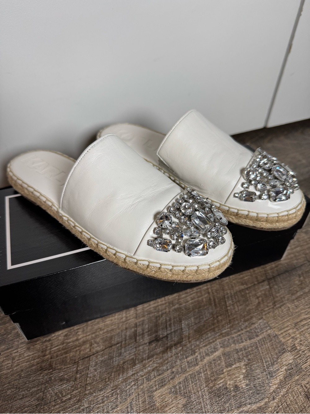 Karl Lagerfeld Maxwell Espadrille Platform Slides White Crystal Sandals 8